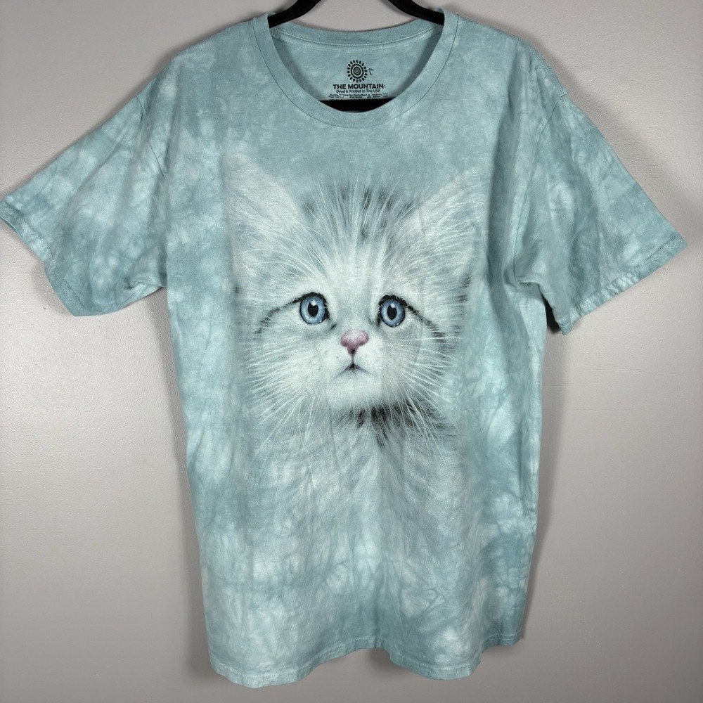 The Mountain Adult Large Blue Tie Dye Crew Neck Kitten Face Short Sleeve Shirt‎